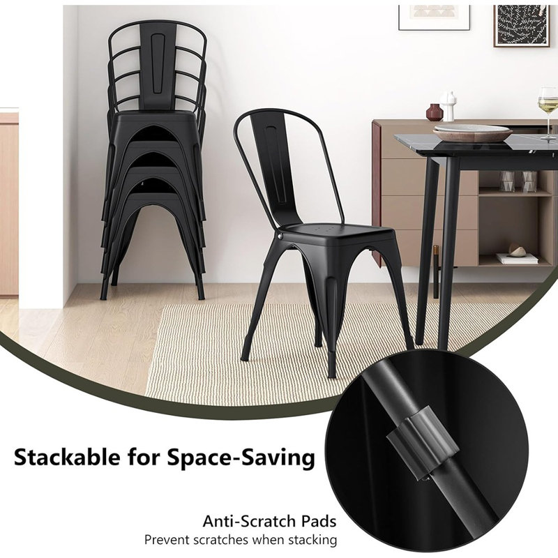 Ensemble de chaises de salle à manger en métal de 4 chaises de cuisine empilables industrielles de 18 pouces avec dossier haut détachable Tolix pour la salle à manger, le café, le restaurant et le bistro (noir)