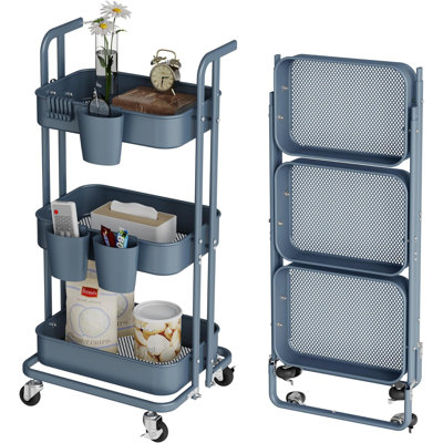 3 Tier Foldable Rolling Cart, Metal Utility Cart With Lockable Wheels, Folding Storage Trolley For Living Room -  Elaine Mercure, JrCB0C9QCRBCG