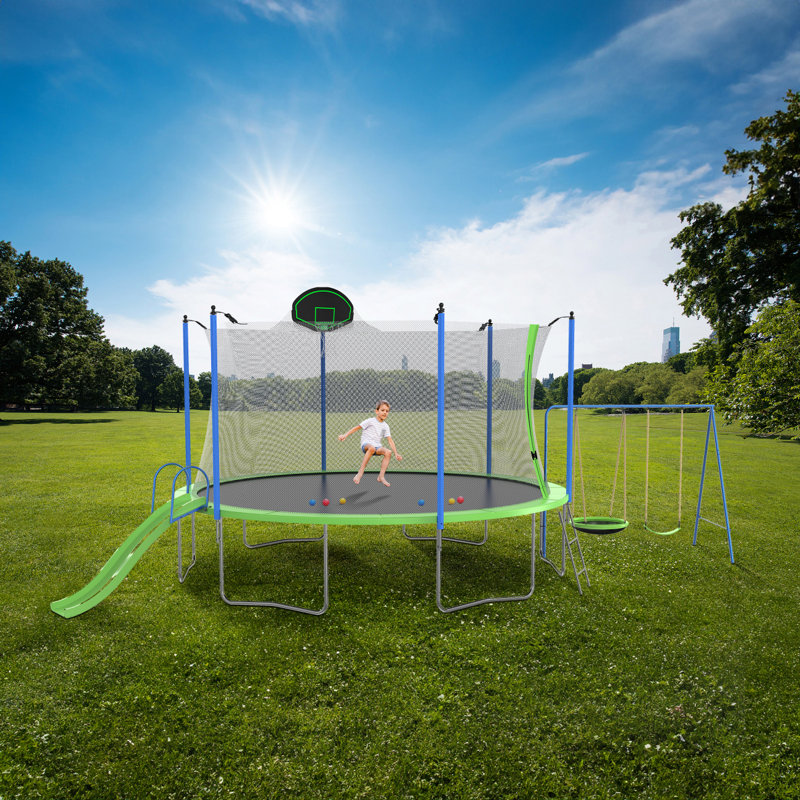 12FT Trampoline With Slide And Swings, ASTM Approved Large Recreational Trampoline With Basketball Hoop And Ladder,Outdoor Backyard Trampoline With Net