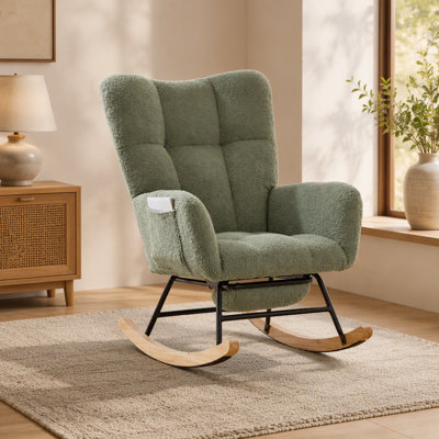 Ensemble chaise berçante et repose-pieds Teddy en tissu vert avec poche de rangement latérale, idéal pour la chambre d'enfant, la chambre à coucher et le salon.