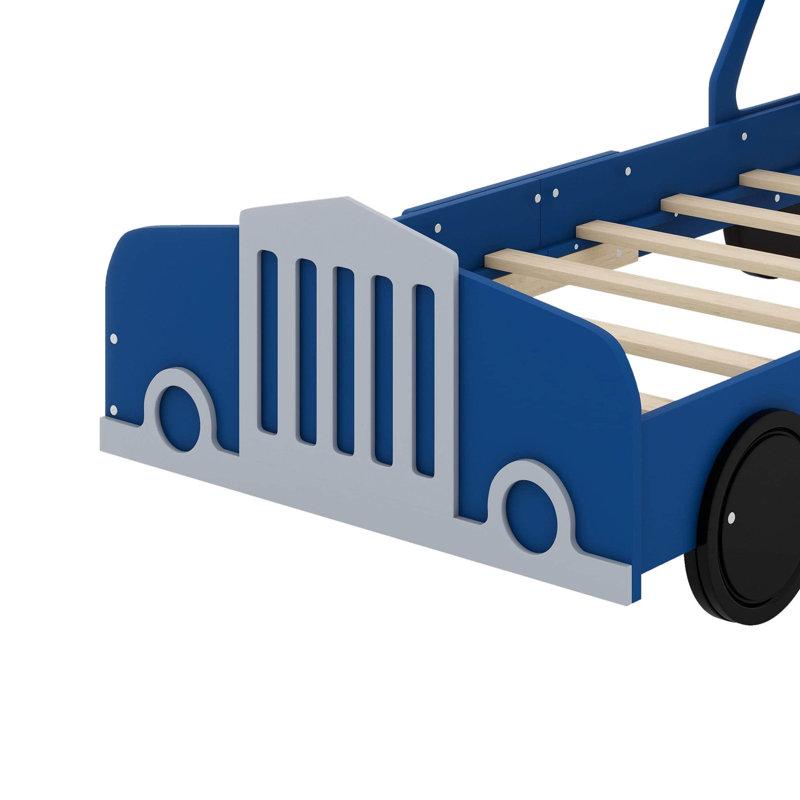 Lit plateforme en forme de voiture avec roulettes, Bleu, Lit simple