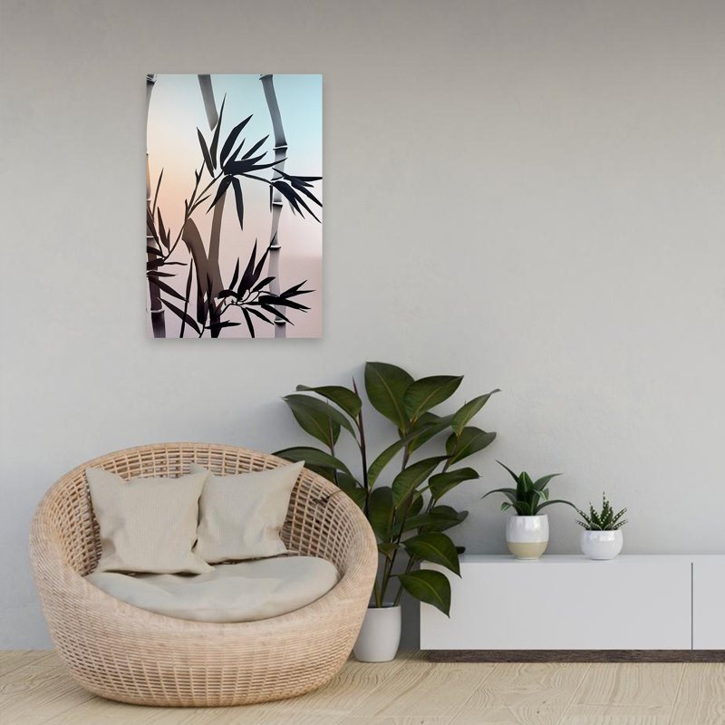 Silhouette de bambou minimaliste avec lueur douce II - art abstrait de bambou aquarelle paysage, H 24 po x l 16 po