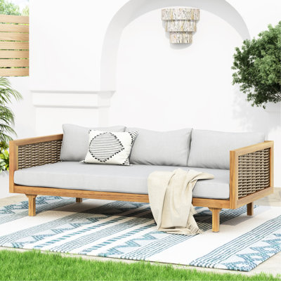 Lit de jour avec accoudoirs, structure en bois, coussins gris pâle, chaise longue à panneaux à lattes, 174 cm (l) x 83 cm (p) x 61 cm (h), assemblage requis.