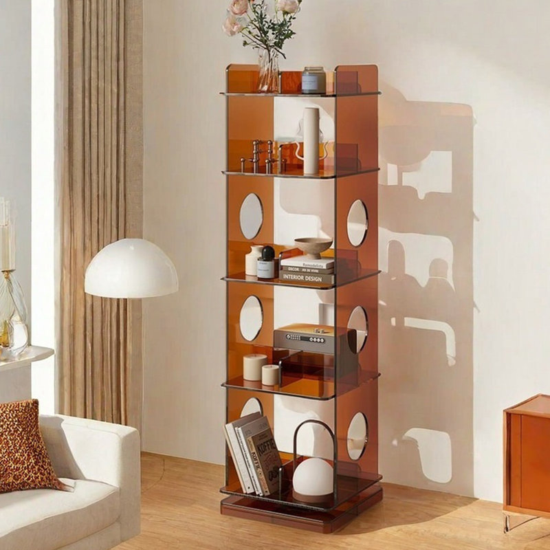 Acrylic Open Bookshelf with 360° Rotating Base, Amber Brown