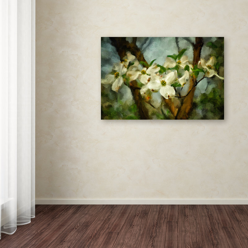 Large White Floral Canvas Art with Green Accents