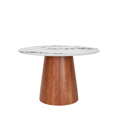 Table de salle à manger ronde de 39 po avec 4 sièges, base en bois massif et plateau en pierre frittée, convient à un décor de restaurant rétro pour 2 à 4 personnes, pierre, coins arrondis, galerie idéale de style Mid-Century moderne