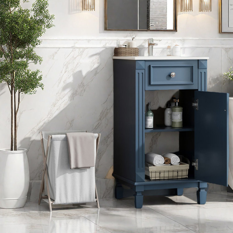 Meuble-lavabo compact de style français avec lavabo, bois massif bleu, peu encombrant