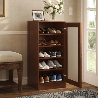 100% Solid Wood Narrow Frosted Glass Door Shoe Storage Cabinet with Adjustable Shelves, Space Saving Stackable Organizer, 16.5" W x 35.75" H