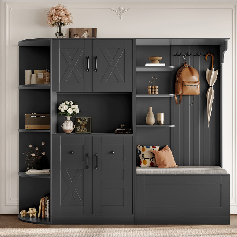 Multifunctional Left-Right Combination Hall Cabinet (Can Be Used Separately) With Storage And 4 Hooks, Storage Cabinet/ Hall Tree 2 In 1 For Living Room, Kitchen And Hallway, Black