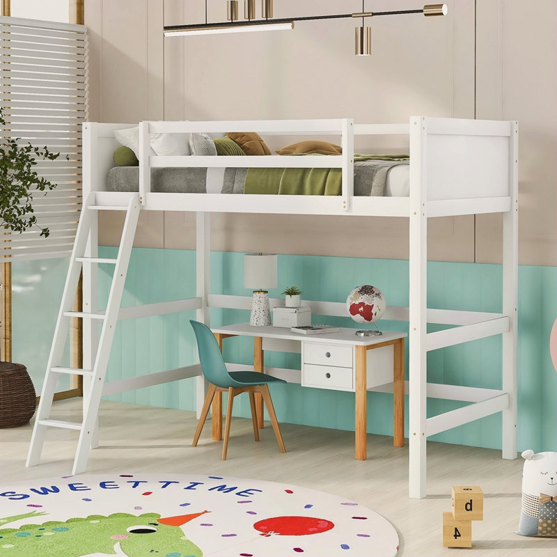 Lit mezzanine simple en bois massif avec échelle, Blanc