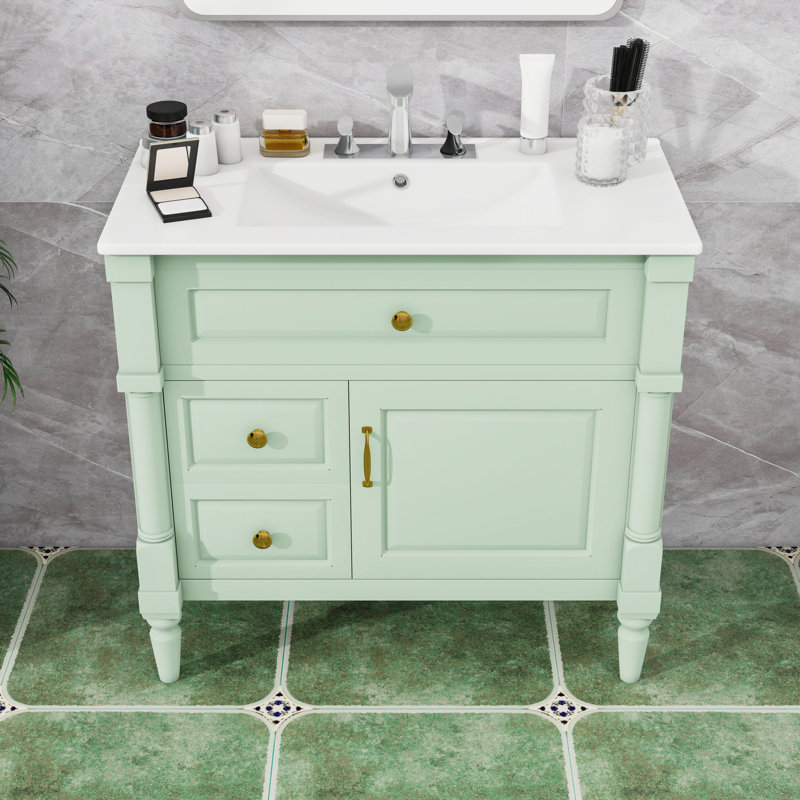 Meuble-lavabo de salle de bain avec lavabo, tiroir rabattable, tablette réglable et rangement pour porte, Vert