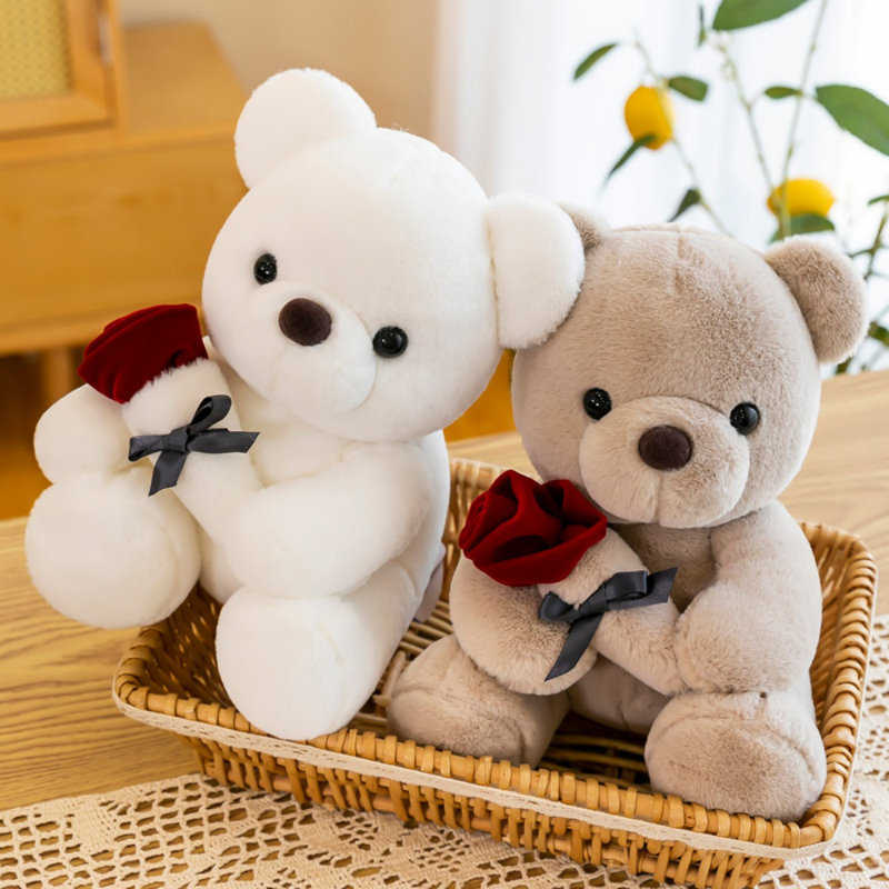 Teddy Bear With Roses Flower Plush Toy Home Decor For Valentine's Day Gifts 10" H X 5" W, Brown