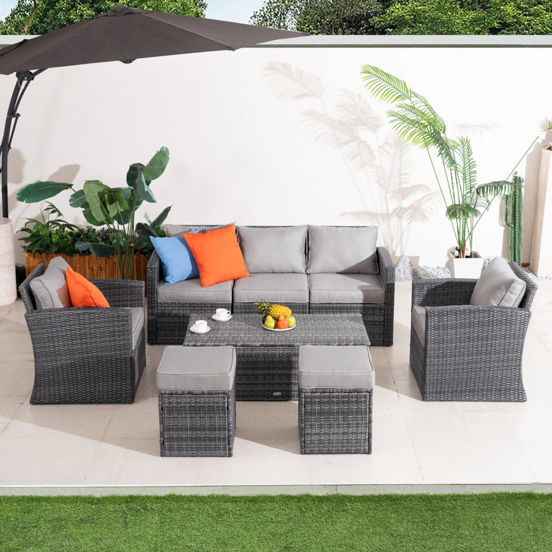 Grey Pe Rattan Seater Modular Garden Sofa Set With Waterproof Storage Coffee Table, Powder-coated Iron Frame