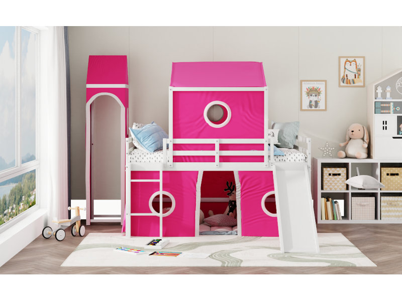 Lit mezzanine double avec tente et tour rose Slide - Rose