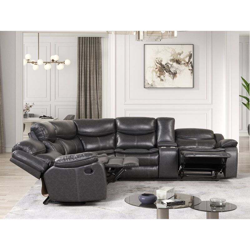 Burcker Faux Leather Reclining L-Shaped Sectional Right Hand Facing, Gray Faux Leather