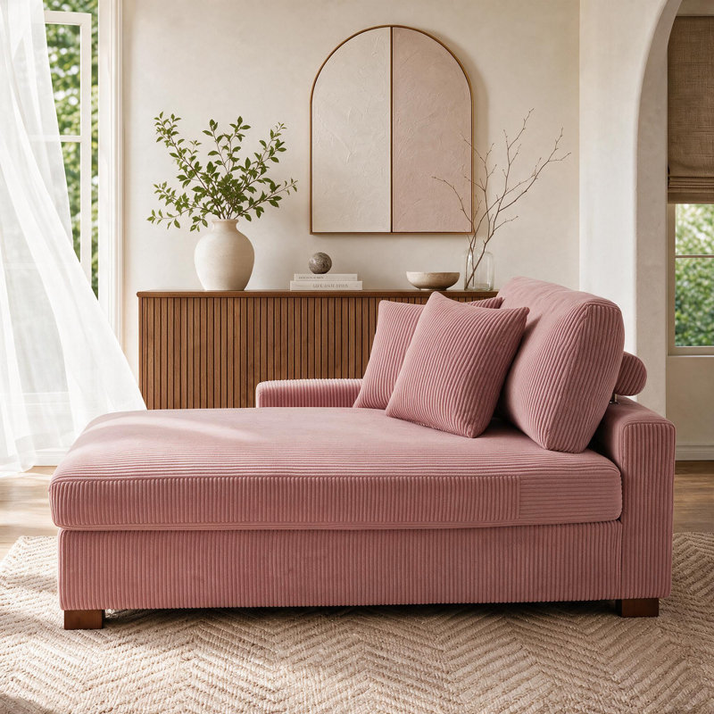 Chaise longue surdimensionnée en velours côtelé avec accoudoirs et coussins Milbrey, Face à la gauche, Rose, Velours côtelé
