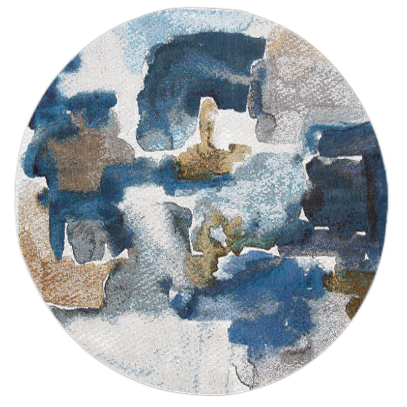 Papillon Abstract Brown/Blue/Gray Area Rug, Round 6'5"