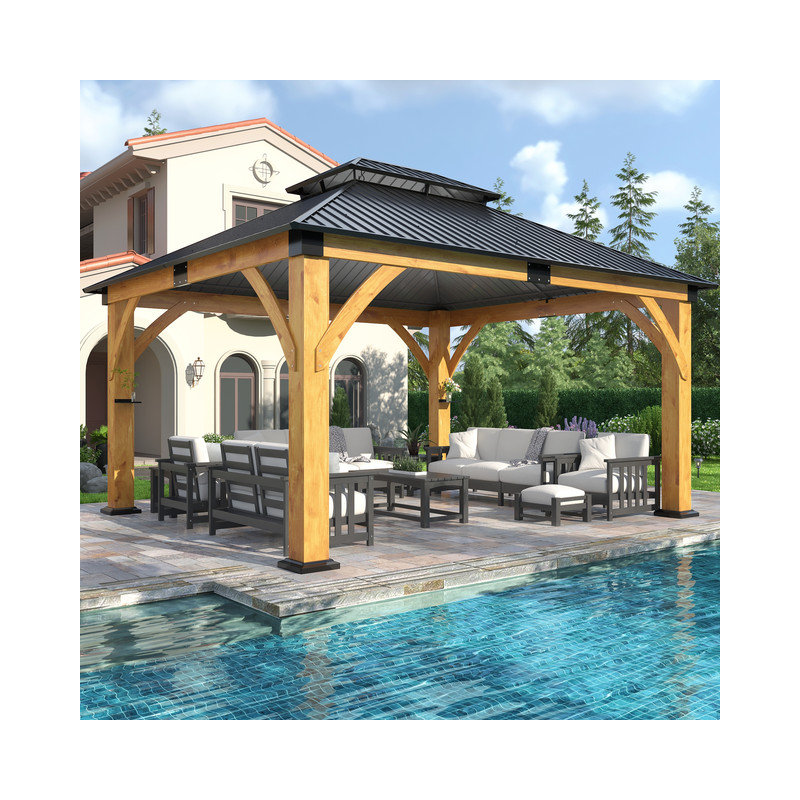 15 FT. W x 13 FT. D Outdoor Spruce Wood Gazebo with Galvanized Steel Double Roof, 10.01 FT. H x 15 FT. W x 13 FT. D