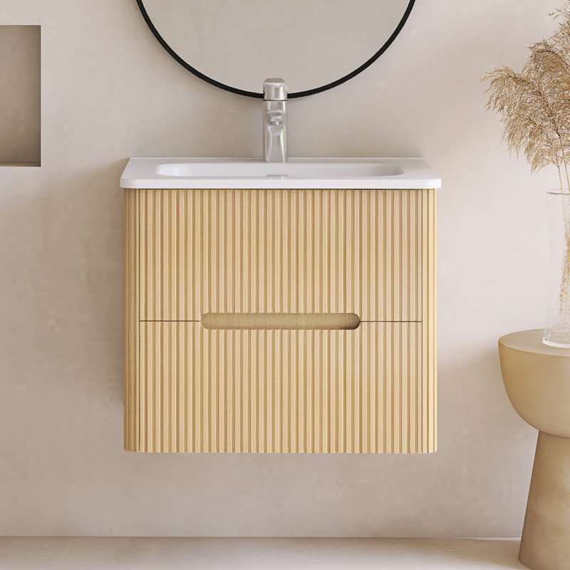 24 Inches Wall-Mounted Bathroom Vanity Set With Ceramic Integrated Top, Natural Oak