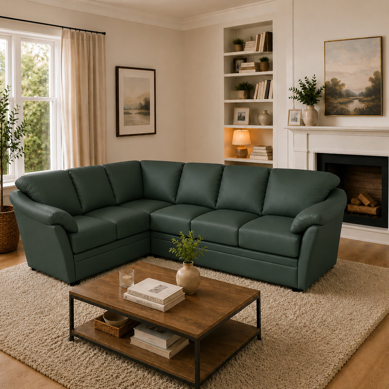 Ramdev Top Grain Leather Sofa Sectional with Cushioned Back and Pillow Top Arm, Right Hand Facing, Green