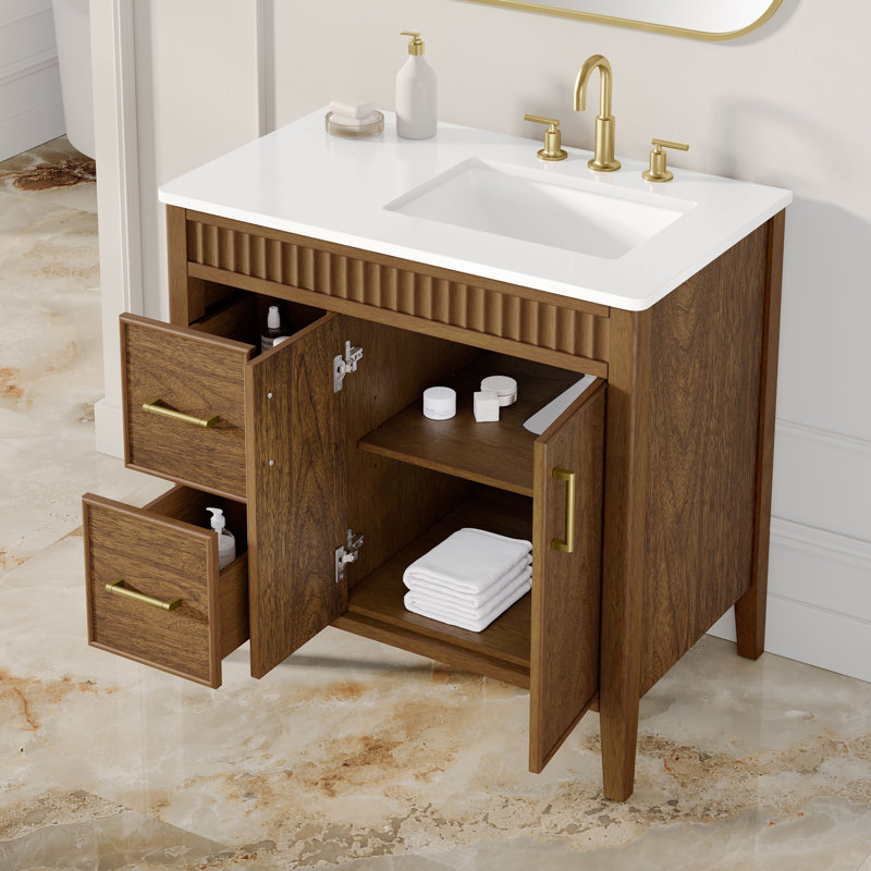 Meuble-lavabo autoportant en noyer chaud avec plateau en quartz blanc OVE Juliette OVE