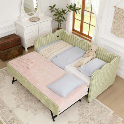 Daybed with Trundle Twin Size Sofa Bed No Box Spring Needed, with USB Port and Adorable Wave Shaped