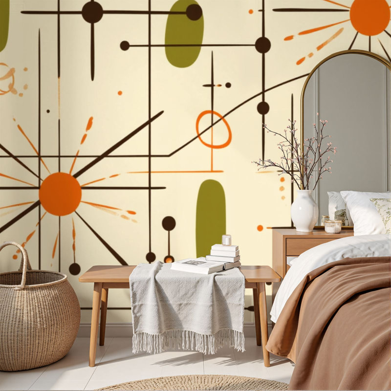 Papier peint adhésif autocollant à motif géométrique abstrait orange Mid Century, L 96 po x l 69 po