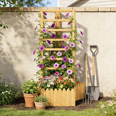 Lit de jardin surélevé pour l'extérieur pliable en bois avec treillis, jaune