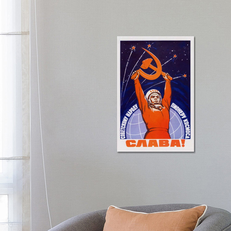Vintage Soviet Space Poster Of A Cosmonaut Raising A Hammer And Sickle by Stocktrek Images - Wrapped Canvas Painting