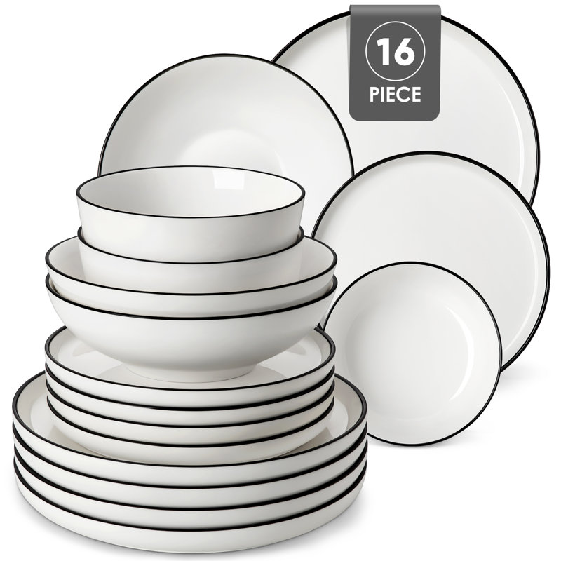 Piece Porcelain China Dinnerware Set - Service for 4, Black/White/Ivory