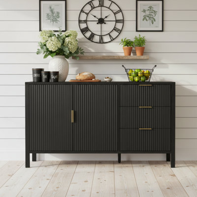 Sideboard Buffet Cabinet With 3 Drawers, Fluted Doors, Extra Center Leg Support & Dual Hooks, Modern Storage Console & TV Stand For Dining Room, Livin by George Oliver