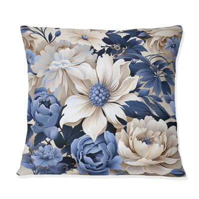 Beige And Blue Farmhouse Floral Pattern I - Floral Printed Throw Pillow
