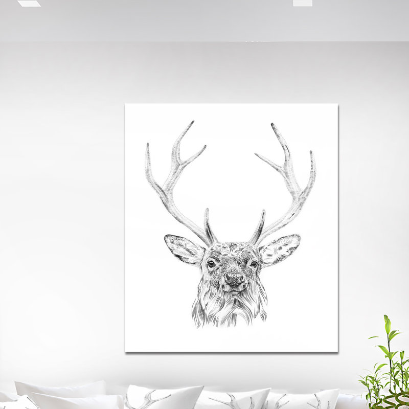 Cerf en noir et blanc - impression sur toile tendue, H 40 po x l 30 po x P 1,5 po