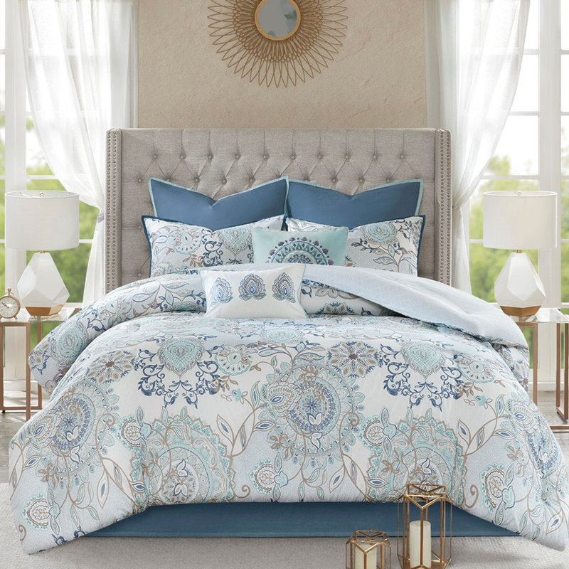 Édredon grand Isla bleu - coton réversible 8 pièces, aquarelle, motif floral en coton, détails de broderie,