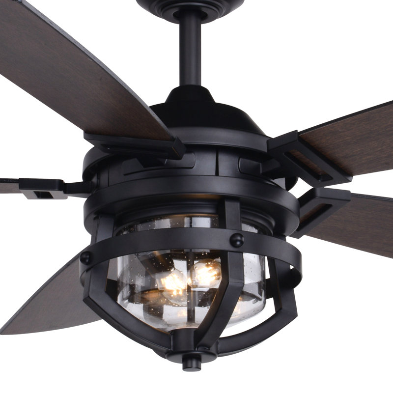 Gil 54 in. Matte Black and Rustic Oak Indoor Outdoor Rod Mount Farmhouse Ceiling Fan with Reversible Driftwood-Black Walnut Blades, Dimmable LED Light Kit and Remote Control Included, 3 Speeds