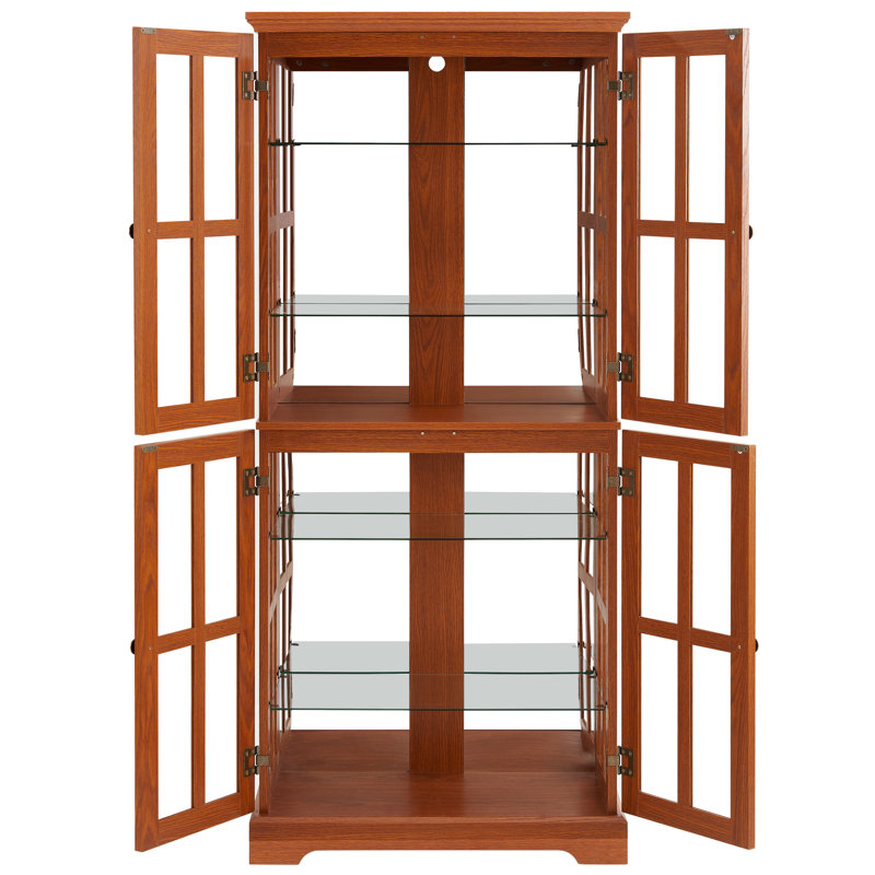 Dark Oak, Four - Door Glass Curio Cabinet, Adjustable Shelves, Metal Handles, Integrated Lighting, Doll Display Interior Design