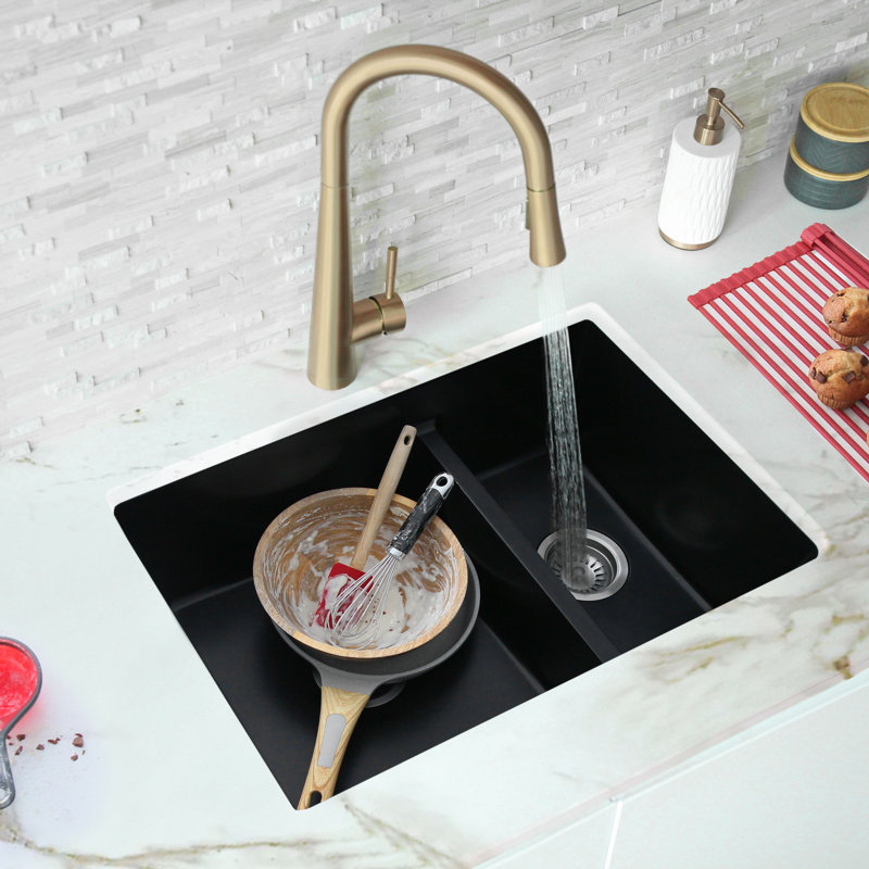 Évier de cuisine en granite composite à double cuve 60/40 à double montage Pietra STY retish 27 pouces, Noir