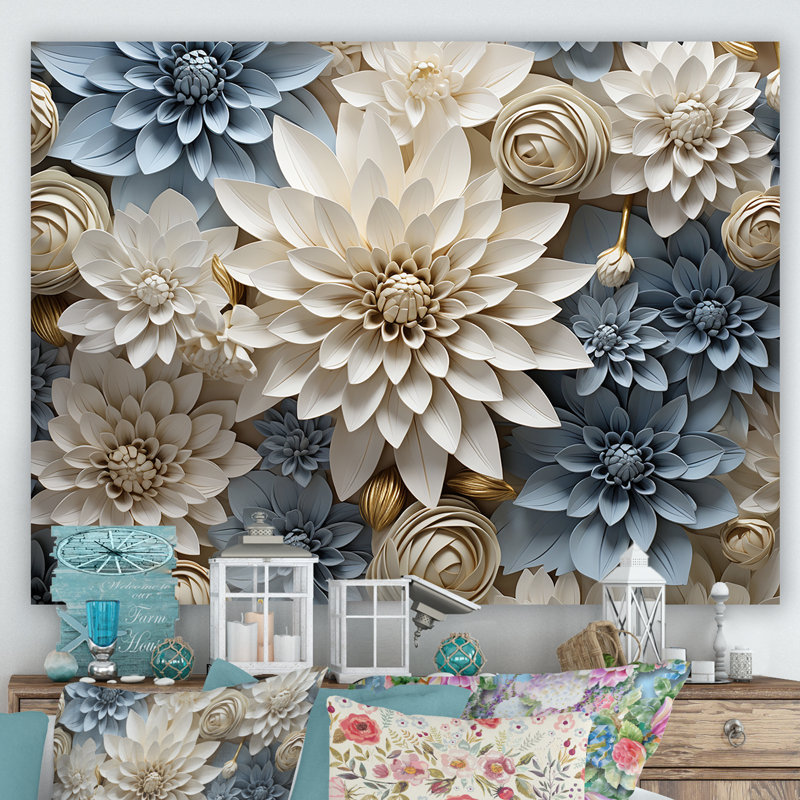 «Simplicity Mums Bloom» en beige et bleu pâle II - Mums, art mural, H 30 po x l 40 po x P 1,5 po, Toile tendue