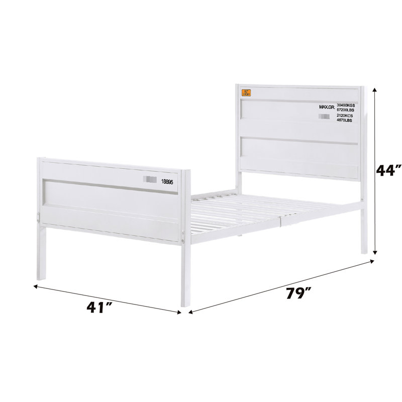 Lit double avec finition cargaison blanche, fabrication en métal, conception de panneaux encastrés, style de contenant, pieds droits, 21 lattes et pas besoin de sommier, poids du produit 76 lb, poids du colis de 84 lb