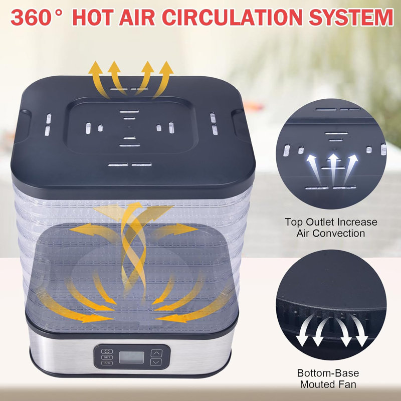 6-Tray Stainless Steel Food Dehydrator with Adjustable Timer and Thermostat