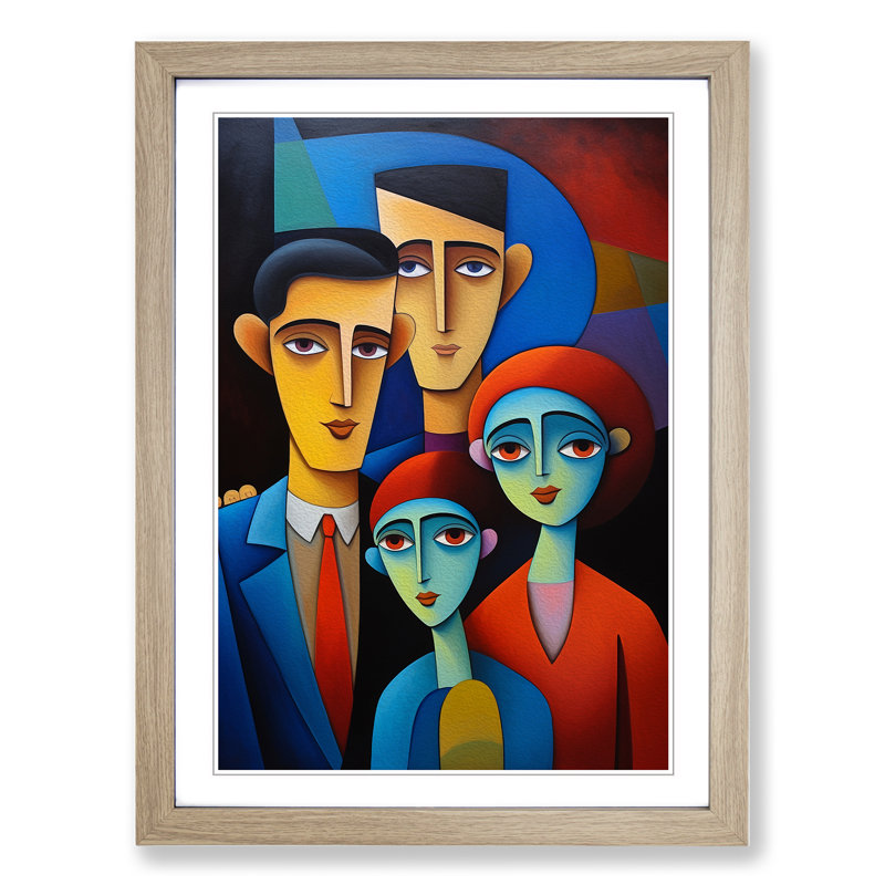 Loving Family Hard Edge Painting - Single Picture Frame Print on Wood, 64cm H x 46cm W x 2cm D, Oak Framed