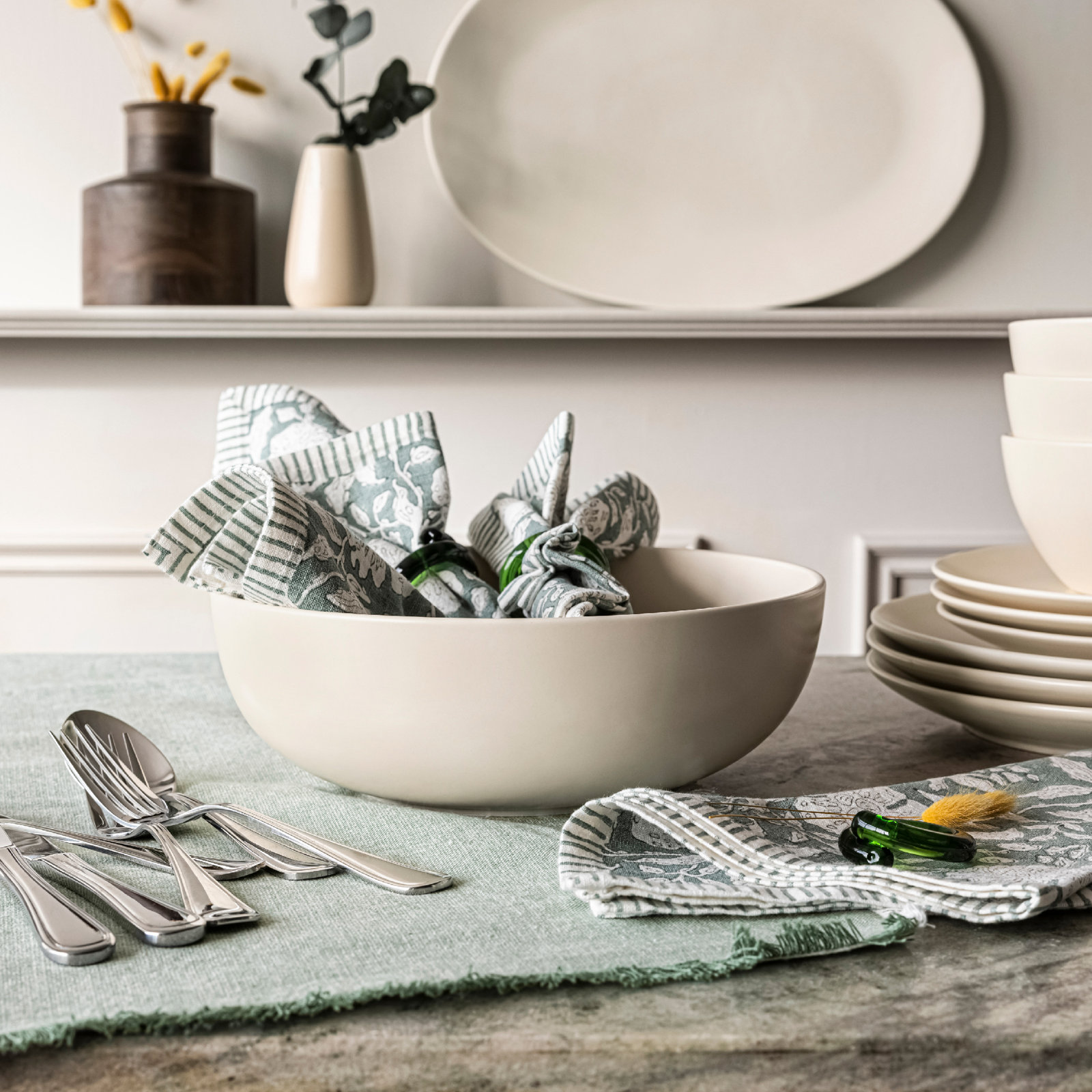 over&back Woven Frayed Chambray Table Runner, Green, 18" W x 108" L
