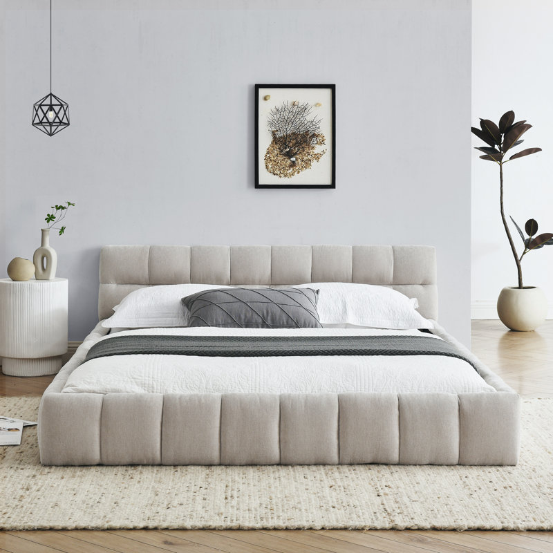 Structure de lit rembourrée avec tissu épais, Beige, Grand lit