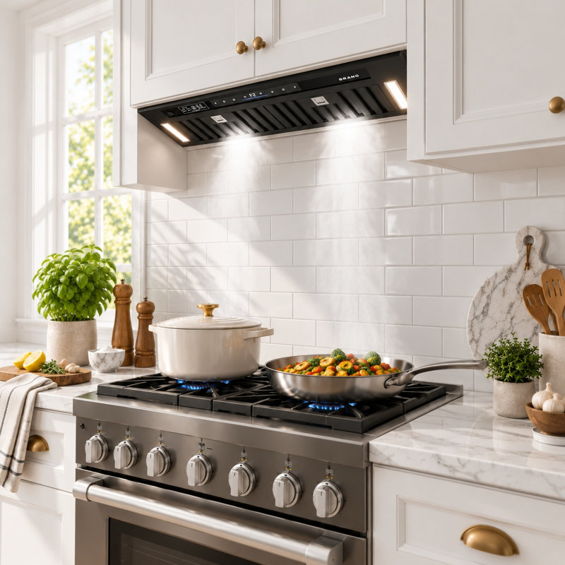 Hotte de cuisine encastrée de 76 cm (30 po) et 900 pi³/min (25,4 m³/min) avec commandes vocales et tactiles, ultramince et convertible (28 cm [11 po] de hauteur), filtre à charbon inclus et éclairage DEL à intensité variable.