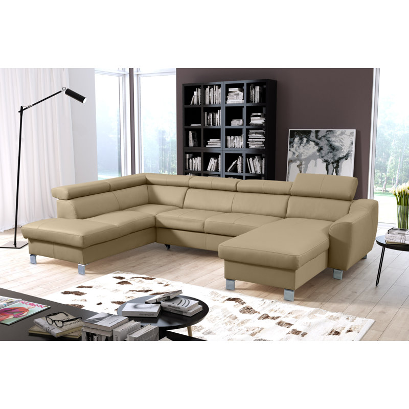 Raedynn Faux Leather Large Corner Sofa with Sleeping Function and Storage Box with Adjustable Headrests , Beige
