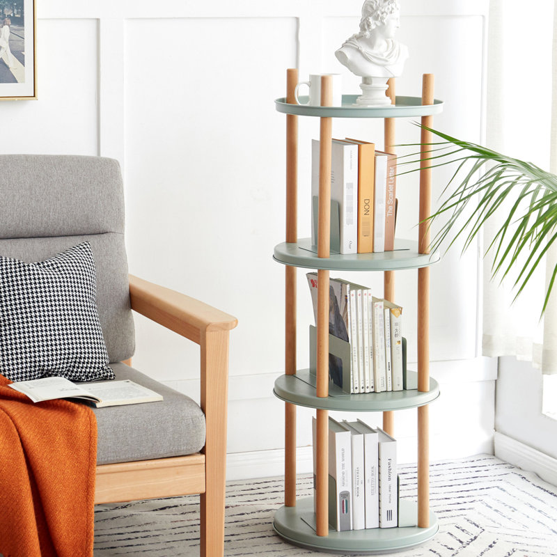 Bibliothèque à 4 niveaux, rotative sur 360 degrés. Bois massif avec capacité de rangement. Bleu pour salon, chambre à coucher, bureau, bibliothèque rotative en bois, niveau. Cuisine d'étude suffisante.