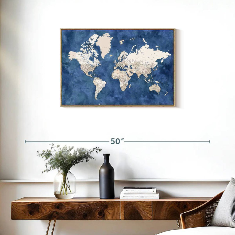 Carte détaillée du monde avec les villes I, Cadre flottant en bois naturel, 31 po x 21 po