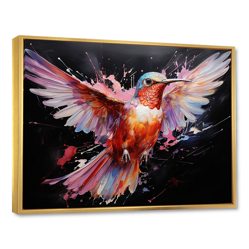 Colibri coloré, battement d'aile, merveille 2 - Art mural colibri, Cadre flottant doré, H 30 po x l 40 po x P 1,5 po