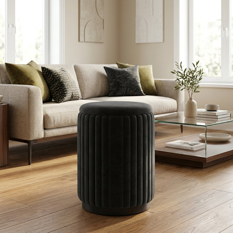 Round Ottoman Vanity Stool with Storage, Black