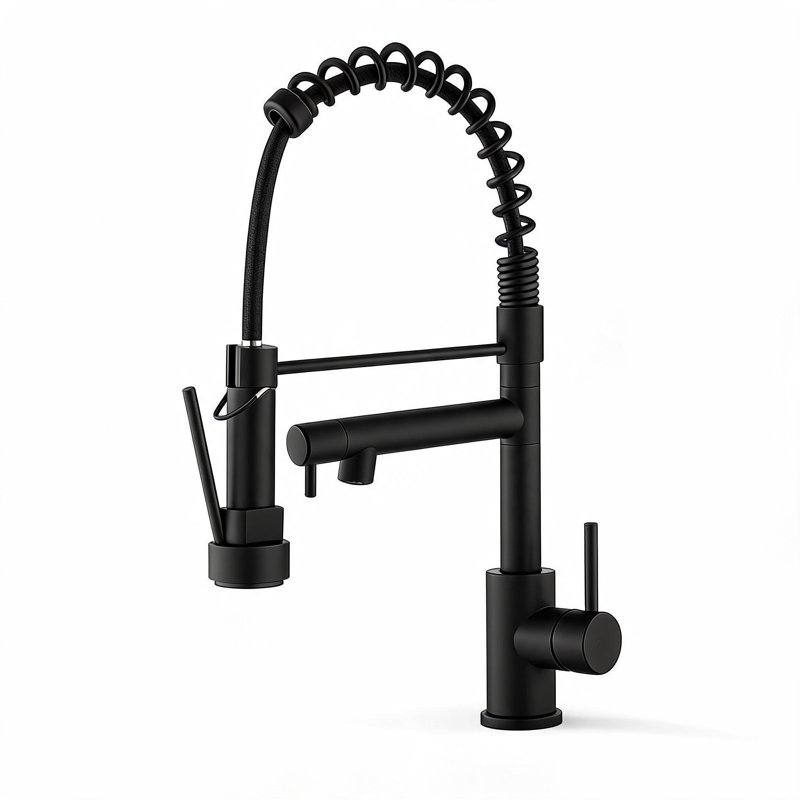 Robinet de cuisine en acier inoxydable noir mat avec douchette rétractable et poignée à ressort à poignée simple